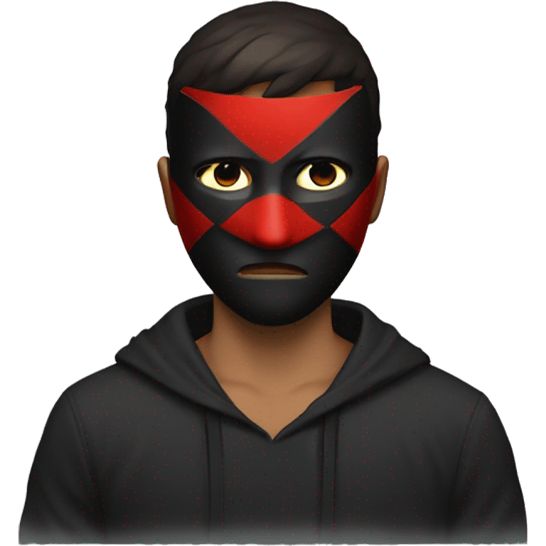  serious-looking guy wearing a red and black hacker mask, with his short hair visible above the mask. His expression is intense, and the mask adds a mysterious and intimidating vibe. emoji