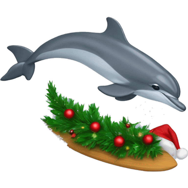 Dolphin riding a wave holding a Christmas tree emoji