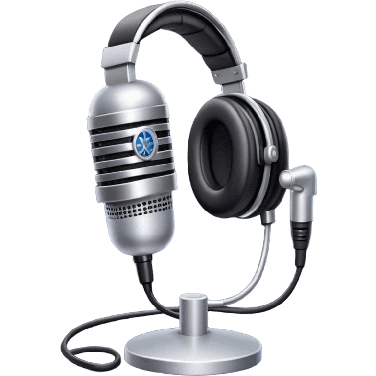 Create a sleek and professional emoji that represents voice acting and dubbing equipment. The design should feature a high-quality microphone, a sound mixer or audio interface, and headphones to symbolize the recording and technical process. Include elements like a soundproof booth or audio cables to reflect the studio environment. Use a modern, clean design with colors like silver, black, and dark blue to represent the professional side of voice acting. The background should be transparent. emoji