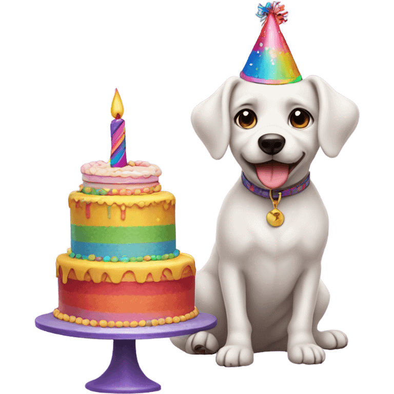 White male small dog wearing birthday hat with a cake  emoji