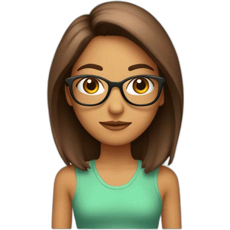 Chica delgada piel blanca, pelo marron liso hasta los hombros con lentes rosados emoji