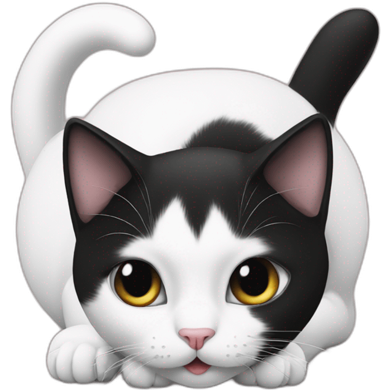 A white cat is licking a black cat emoji