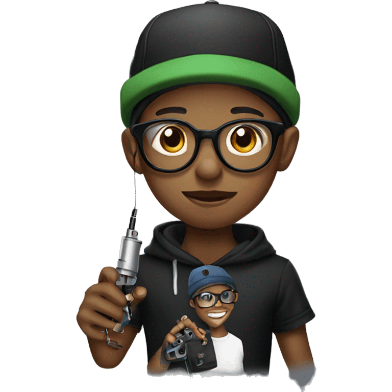 black cap, hoodie and glasses boy  holding an tattoo machine emoji