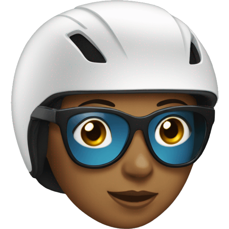 A woman wearing a race bike helmet and race glasses. emoji