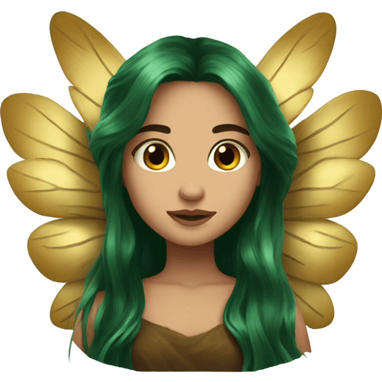 big wings, Beautiful, fairy, gold, brown, dark green, green, long hair emoji