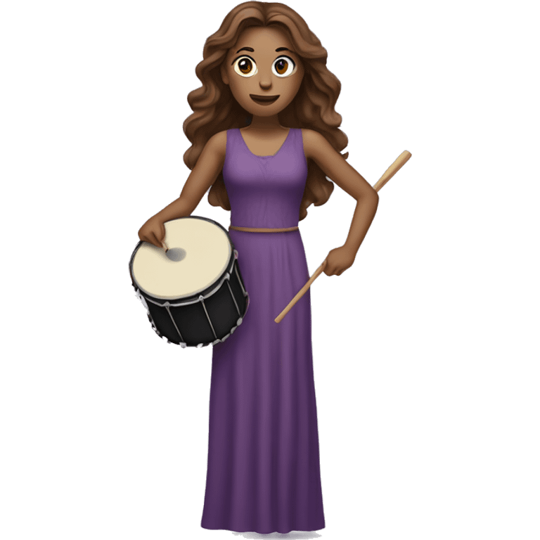 White woman standing with long flowing purple dress and long wavy brown hair holding a small handheld frame drum and a drum stick emoji