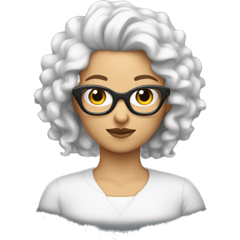 Une fille blanche avec les cheveux bouclés noir et des lunettes emoji