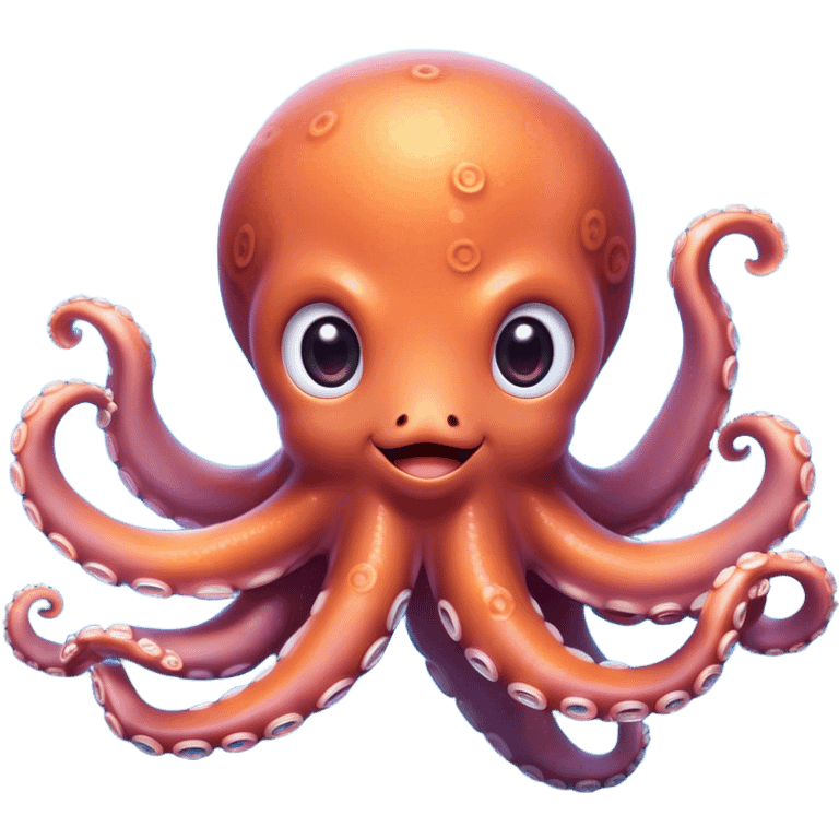 Cinematic Cute Octopus Portrait Emoji, Head tilted playfully and inquisitively, featuring a charming, rounded body with soft, shimmering skin and eight expressive, gently curling arms with playful suckers, with round, sparkling eyes full of wonder, Simplified yet irresistibly adorable features, highly detailed, glowing with a warm, inviting underwater glow, high shine, affectionate and lively, stylized with a touch of whimsical marine charm, soft glowing outline, capturing the essence of a mischievous yet loving octopus that seems as if it could float out of the screen into your arms! emoji