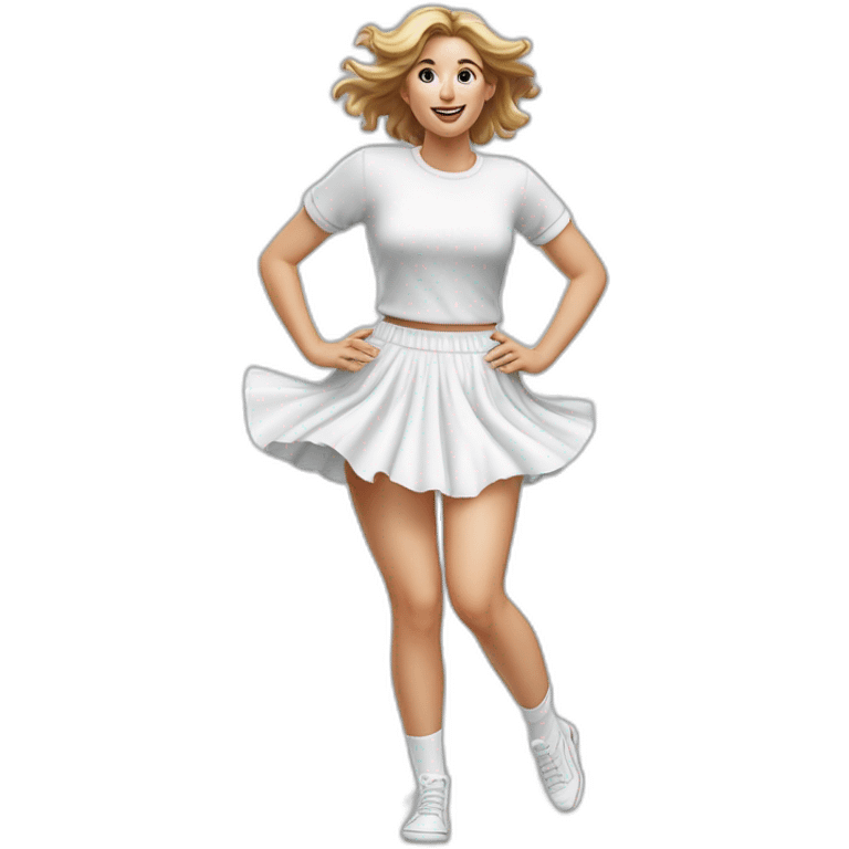 hyperrealistic-full-body-caucasian-curvy-beauty-jumping-small white-skirt-back-and-front-views-strong-wind-white knickers under skirt white socks emoji