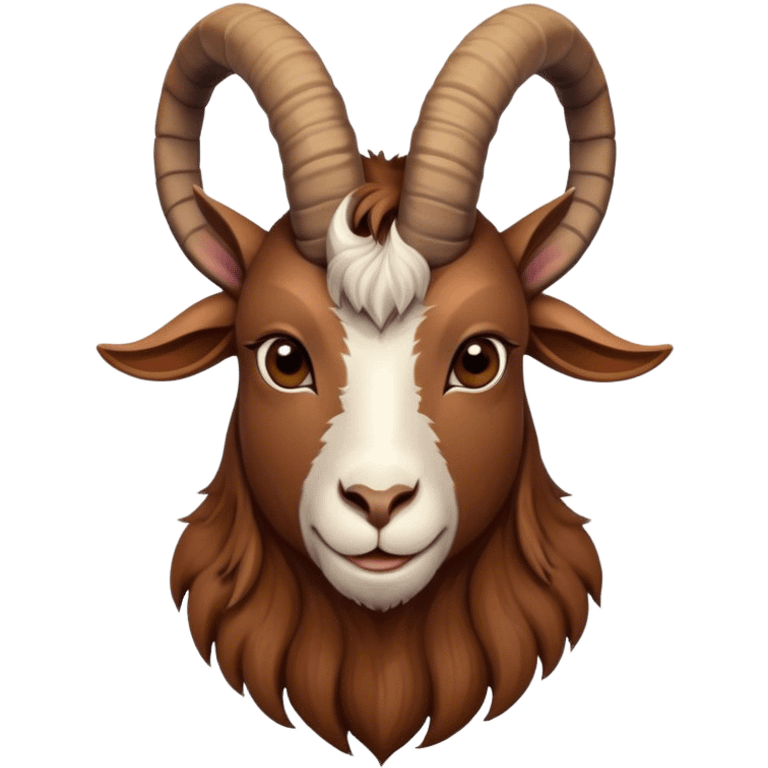 Cinematic Noble Brown Goat Portrait Emoji, Poised and regal, with a sturdy, agile build and a smooth, well-groomed rich brown fur accented by gracefully curved horns, deep-set soulful dark eyes, Simplified yet sharp and sophisticated features, highly detailed, glowing with a warm, dignified glow, high shine, intelligent and spirited, stylized with an air of rustic elegance, focused and attentive, soft glowing outline, capturing the essence of a watchful and confident goat, so majestic it feels as though it could leap out of the screen with effortless authority! emoji