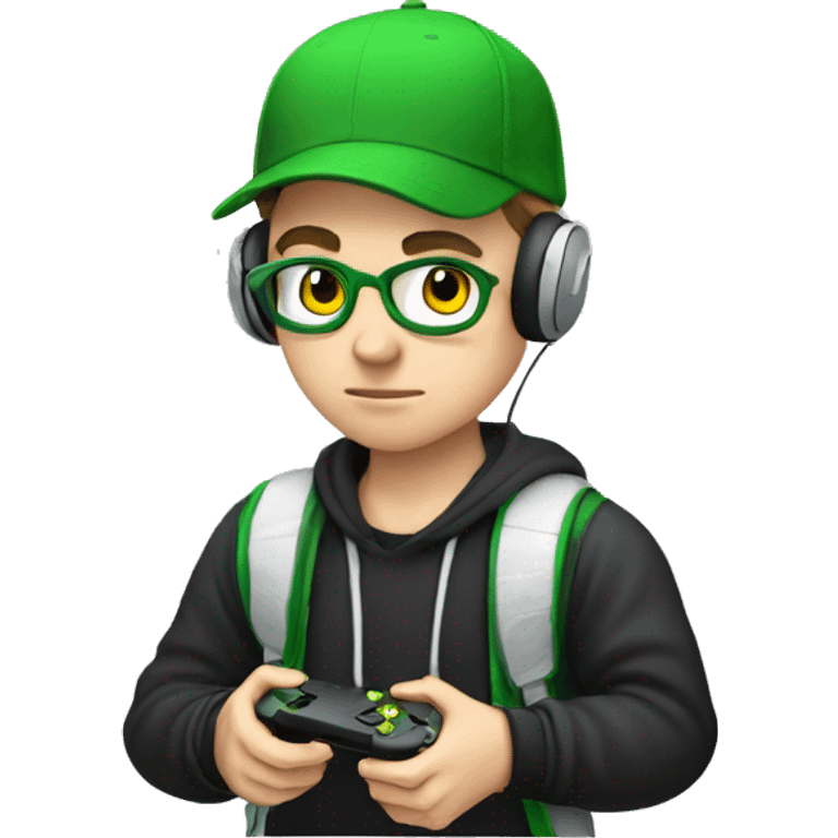 White boy gamer wearing air-pods, wearing a green hat emoji