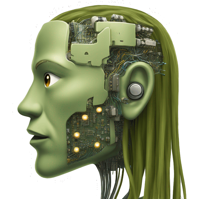 Olive green long hair man cyborg head with circuits emoji