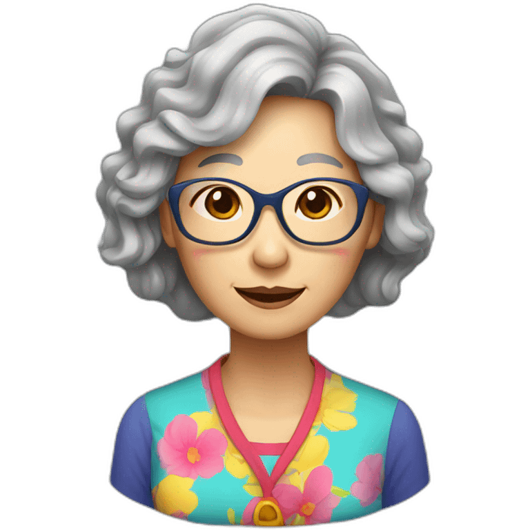 Chinese senior lady with long hair wavy hair with glasses with colorful top emoji