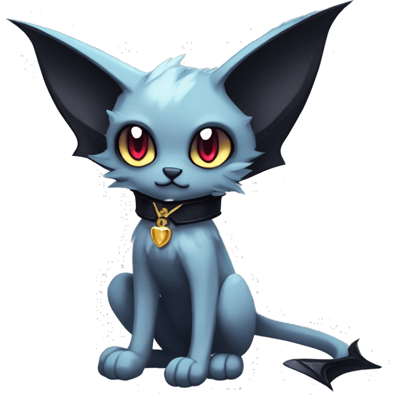   cool edgy beautiful anime-style ethereal dark-punk-themed animal vampiric cat-hybrid Fakemon with fangs and bat-wing-ears with a collar full body emoji