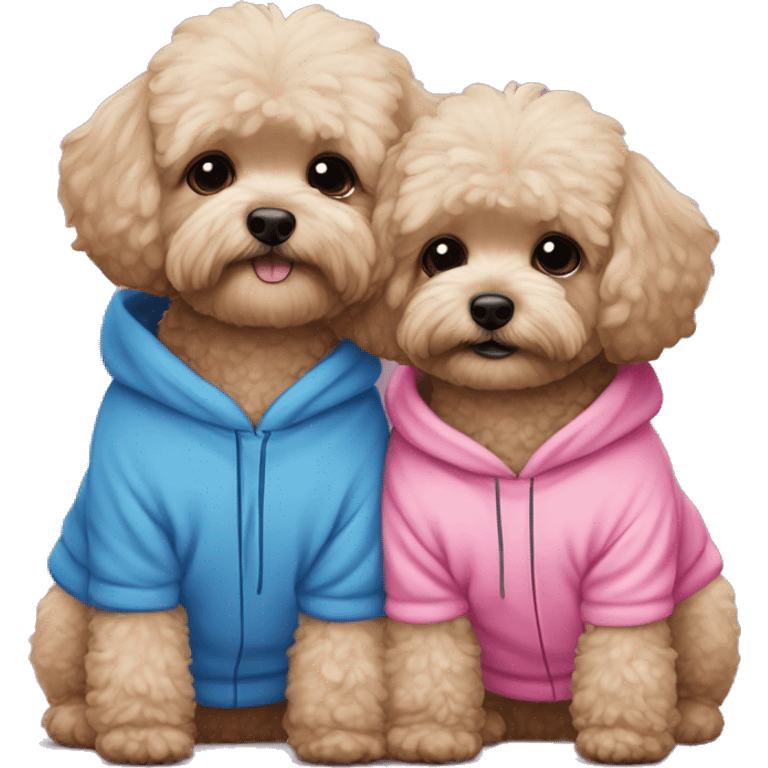 2 dark maltipoo dogs hugging, one wearing a pink sweatshirt and the other wearing a blue sweatshirt emoji