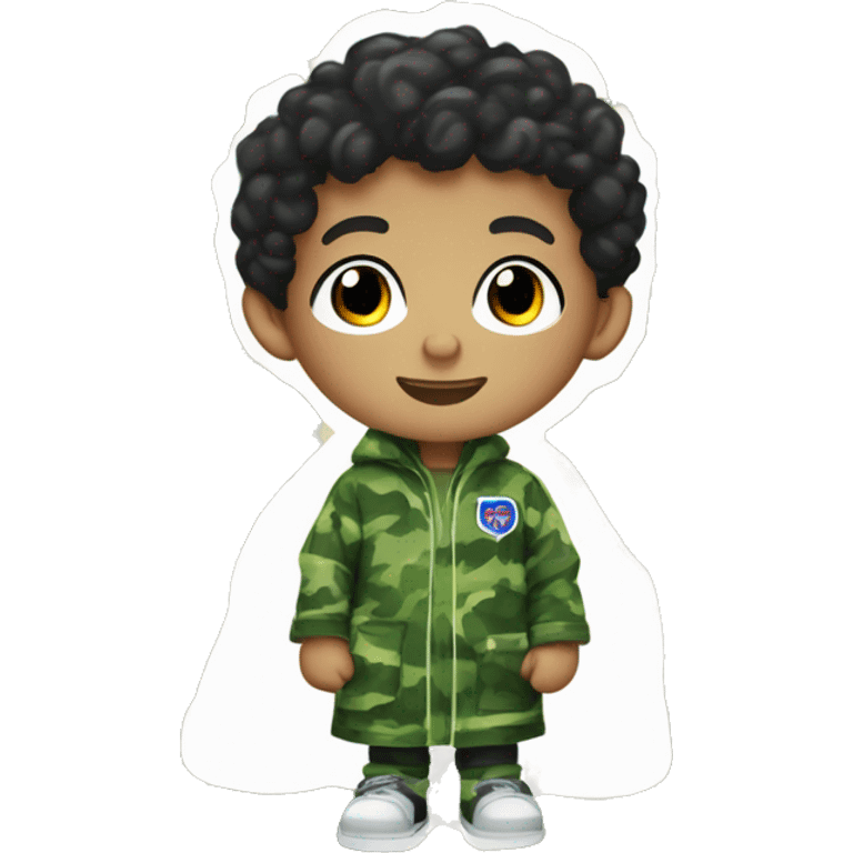 6 year old boy with white skin and brown eyes and black short curly hair and he's wearing a robe patterned in green camoflauge colors in a tune squad undershirt emoji