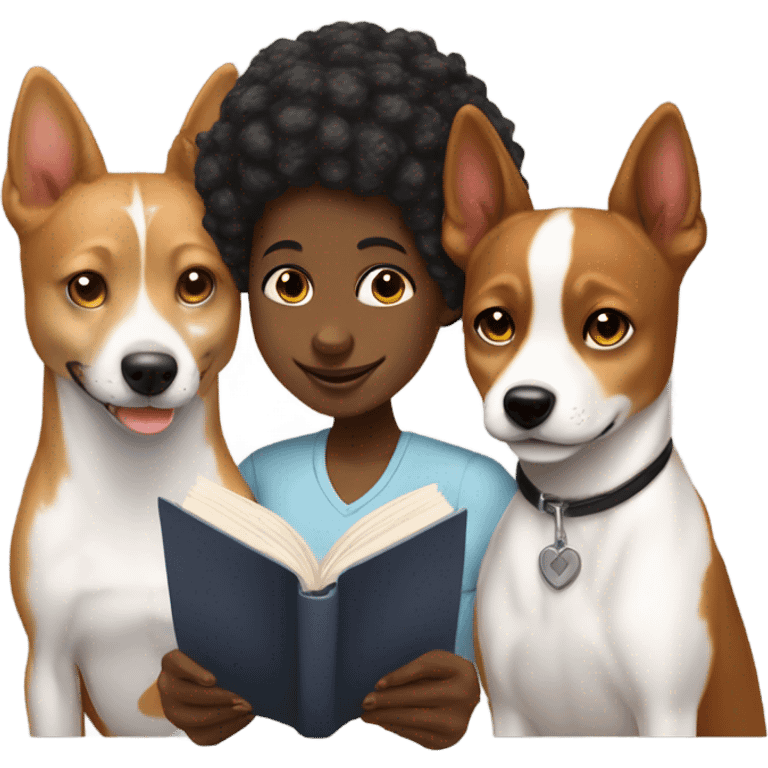 Black girl, white guy and basenji studying together emoji