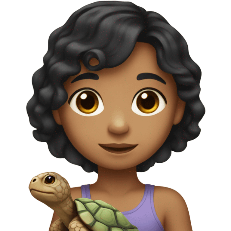 Little girl with wavy medium length black hair and light tan skin holding a tortoise emoji