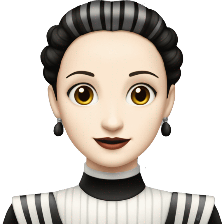 Queen Amidala, 1999 teen Wednesday Addams from academy. Smiling. Dark-gray and black striped outfit. Very Pale-white porcelain skin.  emoji