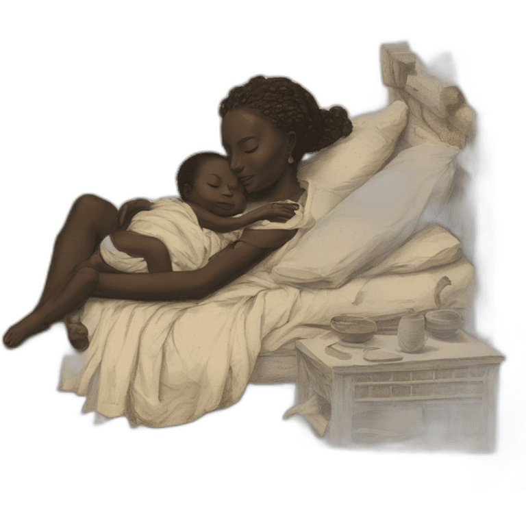 The tribal african woman sleeping in bed with a babies bab babies, 17th century, emoji