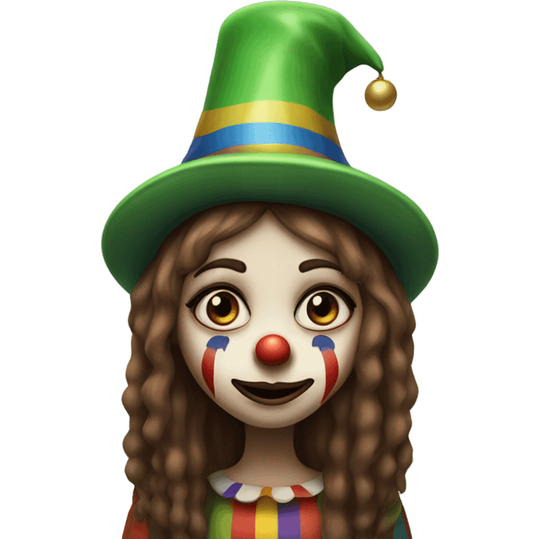 Sad clown girl with clown face paint wearing cap n bells cockcomb jester hat with long straight brown hair exaggerated expression on her face  emoji