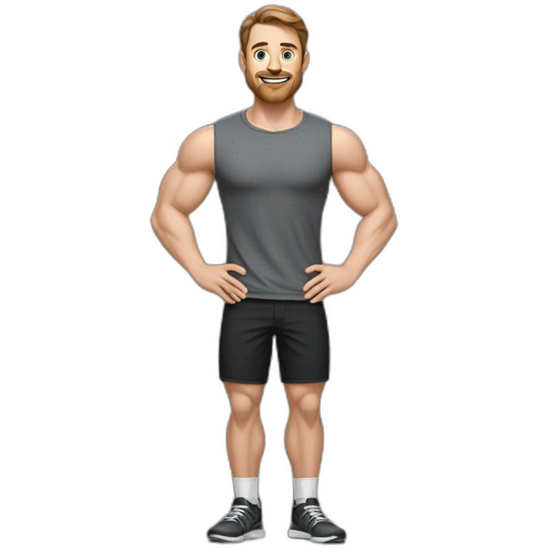 Full height realistic Actively gesturing with hands Pale skinned Fit Man With the biceps and brown hair in dark gray Sleeveless Mike, black oversize sports shorts, watch and white Sneakers emoji