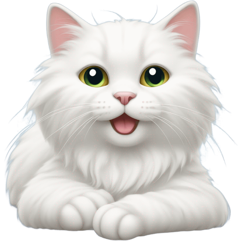 A white cat stretches its front paws from sleep emoji