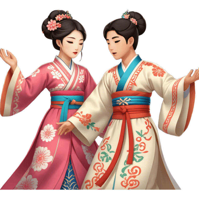 Cinematic Realistic scene of two performers engaging in Ganggangsullae, dressed in traditional Korean costumes with intricate patterns and graceful movements, illuminated by soft, festive lighting that accentuates the cultural ambiance emoji