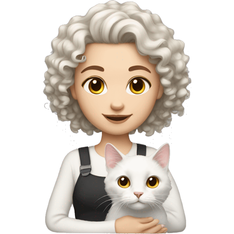 White Cat with brunette curly girl  emoji