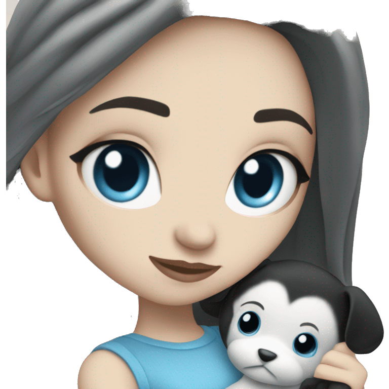 white Girl with black hair and blue eyes playing with plushy emoji