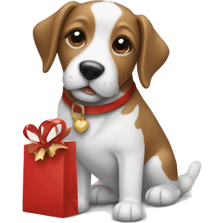 Christmas gift bag and white/brown dog emoji