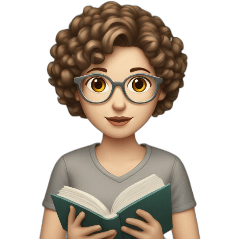 white girl with round silver glasses and really short brown curly hair reading a book emoji