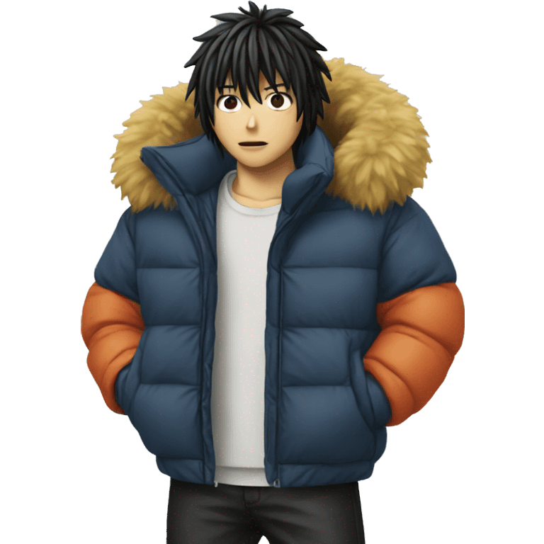 L from death note wearing a puffer jacket emoji