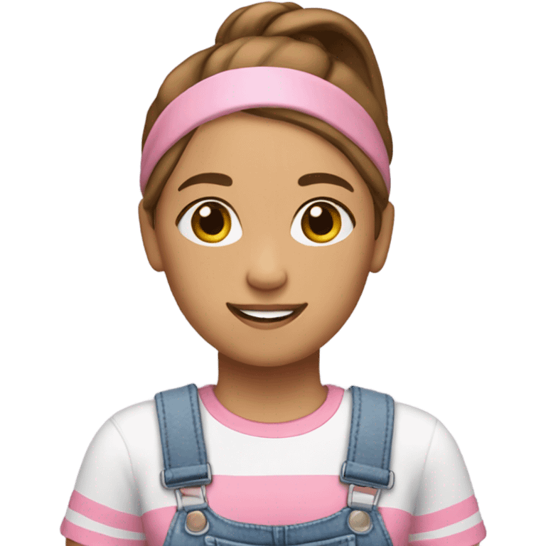 A skin white woman with brown hair in pony tail wearing white headband, pink t shirt and overalls  emoji