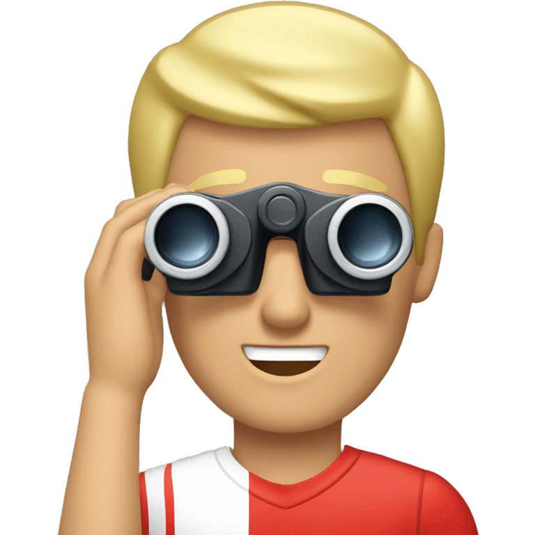 Blond Man with red and white sports shirt making binoculars expression with hands emoji