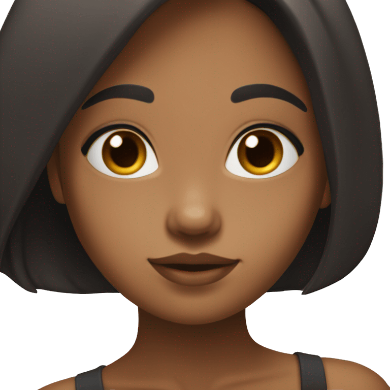 Brown skin girl teen, very black long hair colour, brown eyes, round face shape, sharp nose, lips are small, chubby character, cute face emoji