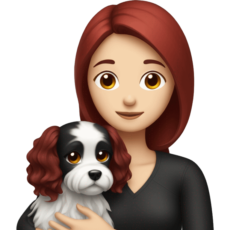 Dark red hair girl hugs  her maltese black dog emoji