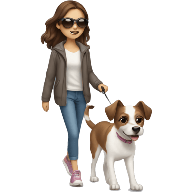 girl with brown hair with sunglasses taking her cute dog for a walk emoji