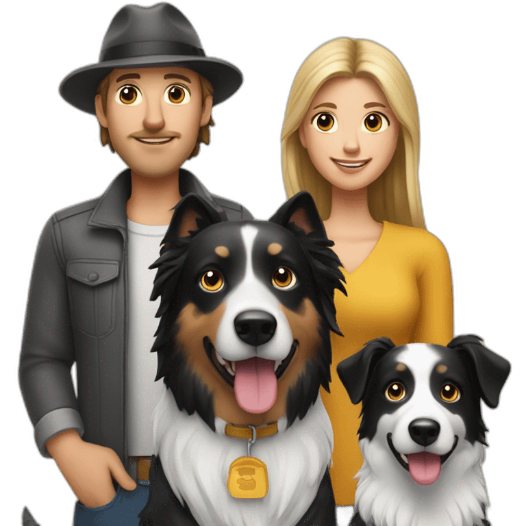 white family group consisting of man in hat and woman with ponytail long hair and small black border collie dog emoji