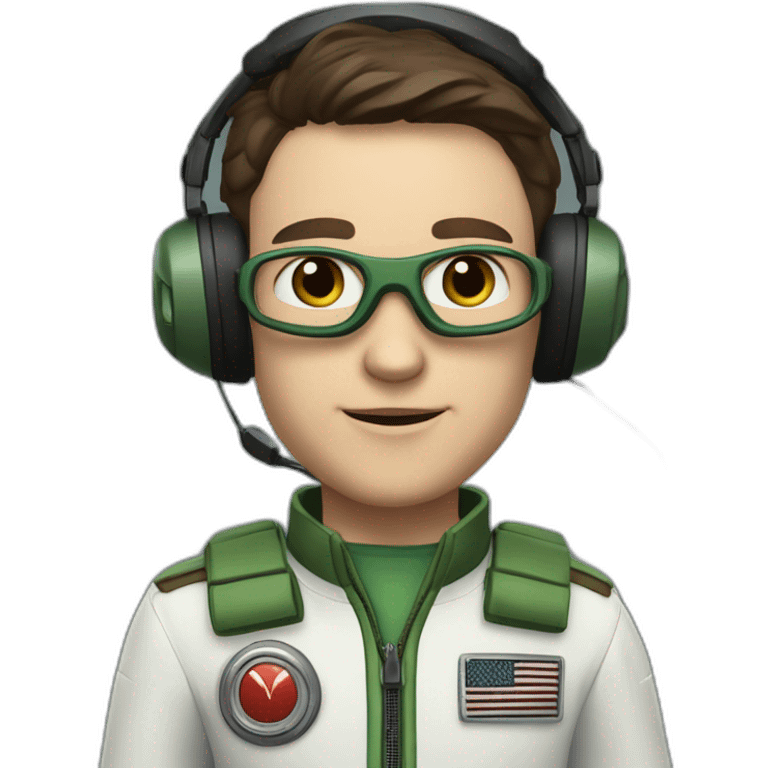 A young white male tennager with a thin face with dark brown hair and brown eyes in a pilot suit and wearing a green Pilot headset emoji