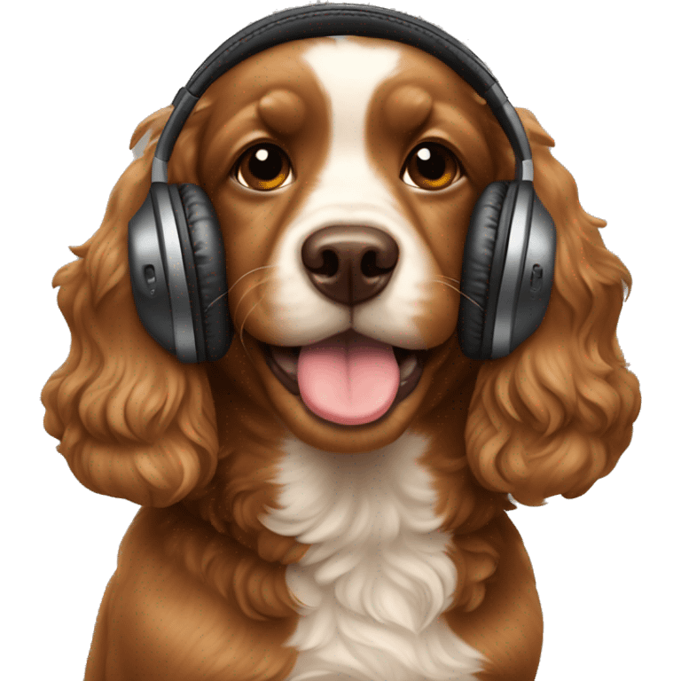 Brown cocker poo eating a apple headphone  emoji