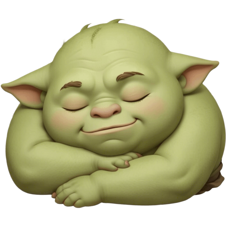 Meme-Worthy Cute Sleeping Ogre Portrait Emoji, with a surprisingly endearing, plump figure in soft earthy greens and browns, head drooping gently with closed, relaxed eyes and a content, sleepy grin, simplified yet adorably detailed, glowing with a soft warm outline that captures the peaceful slumber of a friendly ogre after a day of gentle mischief! emoji