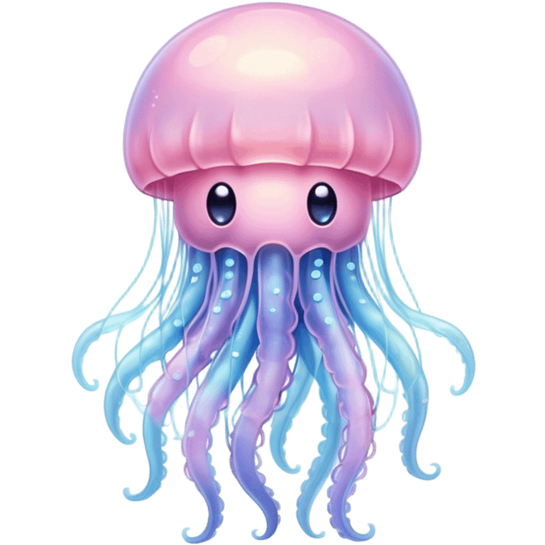 Cinematic floating kawaii jellyfish, tiny round body, soft glowing tentacles, pastel pink and blue hues, delicate sparkling highlights, dreamy and adorable. emoji