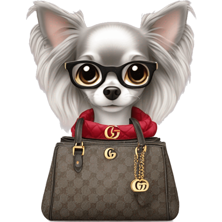 Grey Merle long hair chihuahua in a Gucci handbag emoji