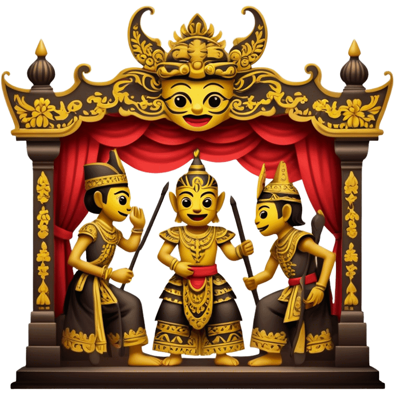 Cinematic Realistic Wayang Kulit Pop Culture Emoji, featuring a vibrant shadow-puppet theatre scene rendered with dynamic textures and artistic, traditional lighting. emoji