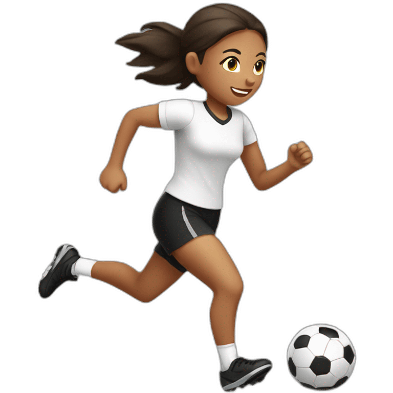 Girl running with a soccer ball wearing White short and black shorts emoji