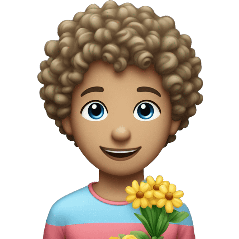 A curly haired short haired youngster with big lips and straight nose and blue eyes. He is holding a bouqet of flowers and smiling emoji