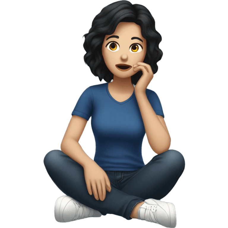 white woman with black hair, dark blue shirt and jeans, white sneakers, lying on the floor with her hands on her face emoji