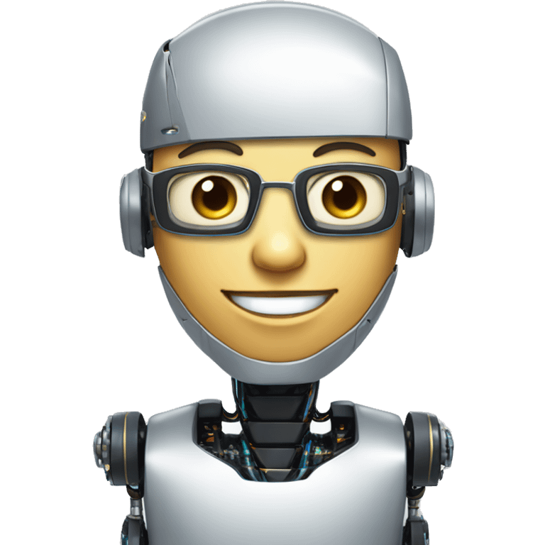 Robotic Cyborg head with fair skin, flat top haircut, rectangular glasses, circuits and smiling  emoji