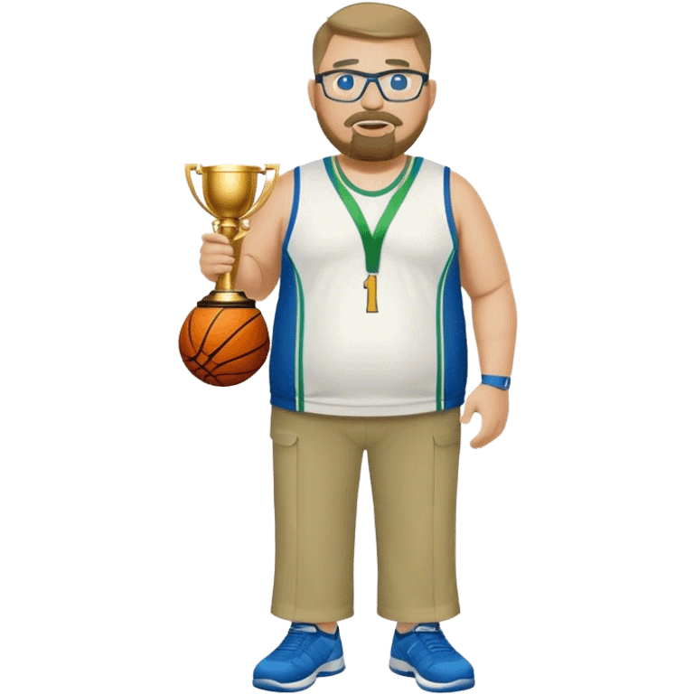 full body white obese male basketball coach with trophy. Goatee , Wearing glasses and blue and green polio and khaki pants emoji